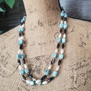 Multi Layered Blue Black and Pearl Beaded Necklace Summer Vibes ☀️ Turquoise